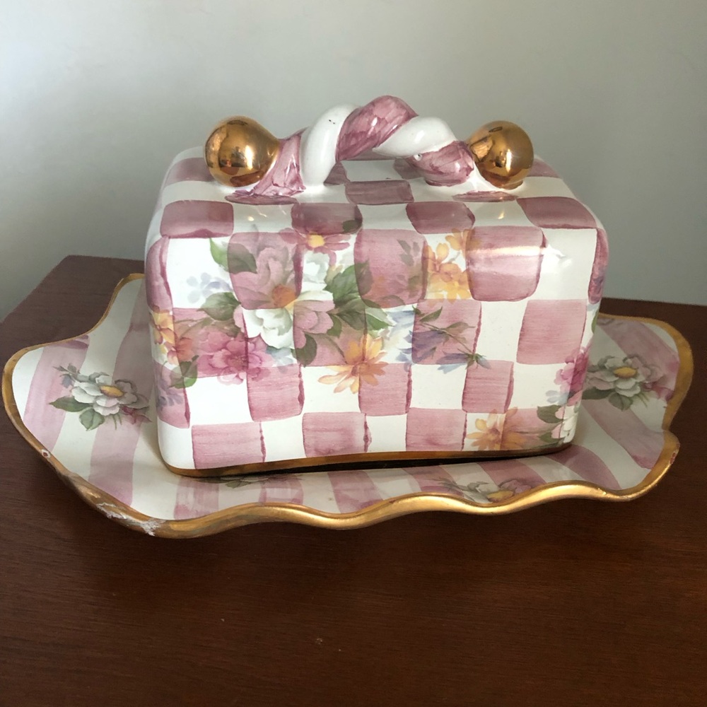 Vintage MacKenzie Childs Floral Checkered Butter Dish with Gold Accents